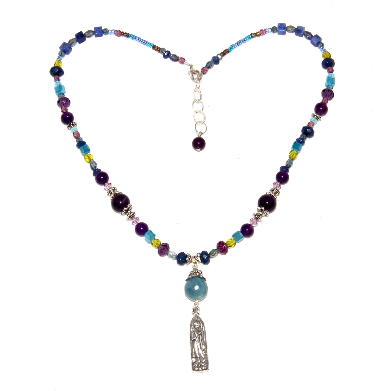 Purple and Blue Gemstone Buddha Necklace Honoring the Sacred