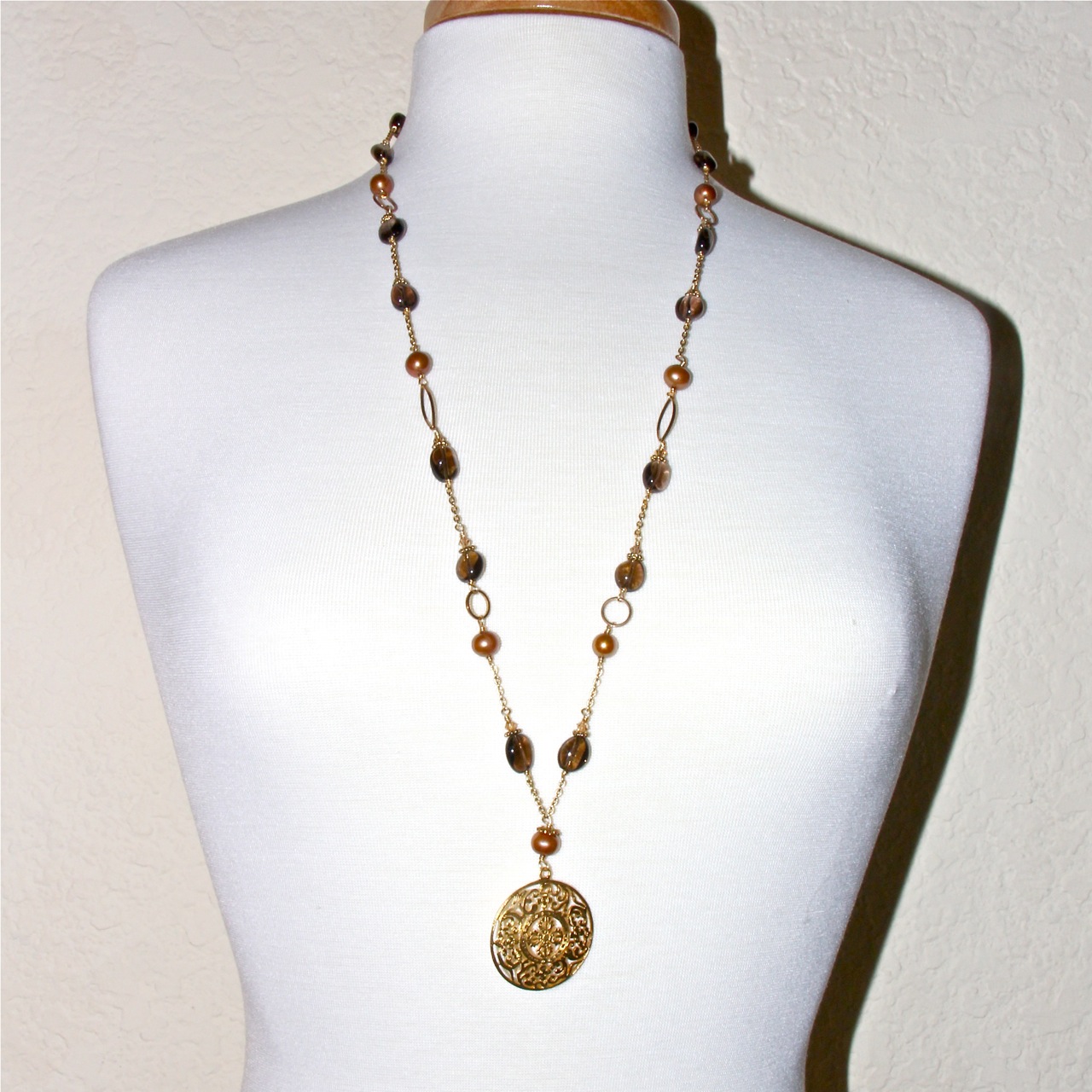 Golden Double Dorje Necklace with Smokey Quartz and Bronze Pearls ...